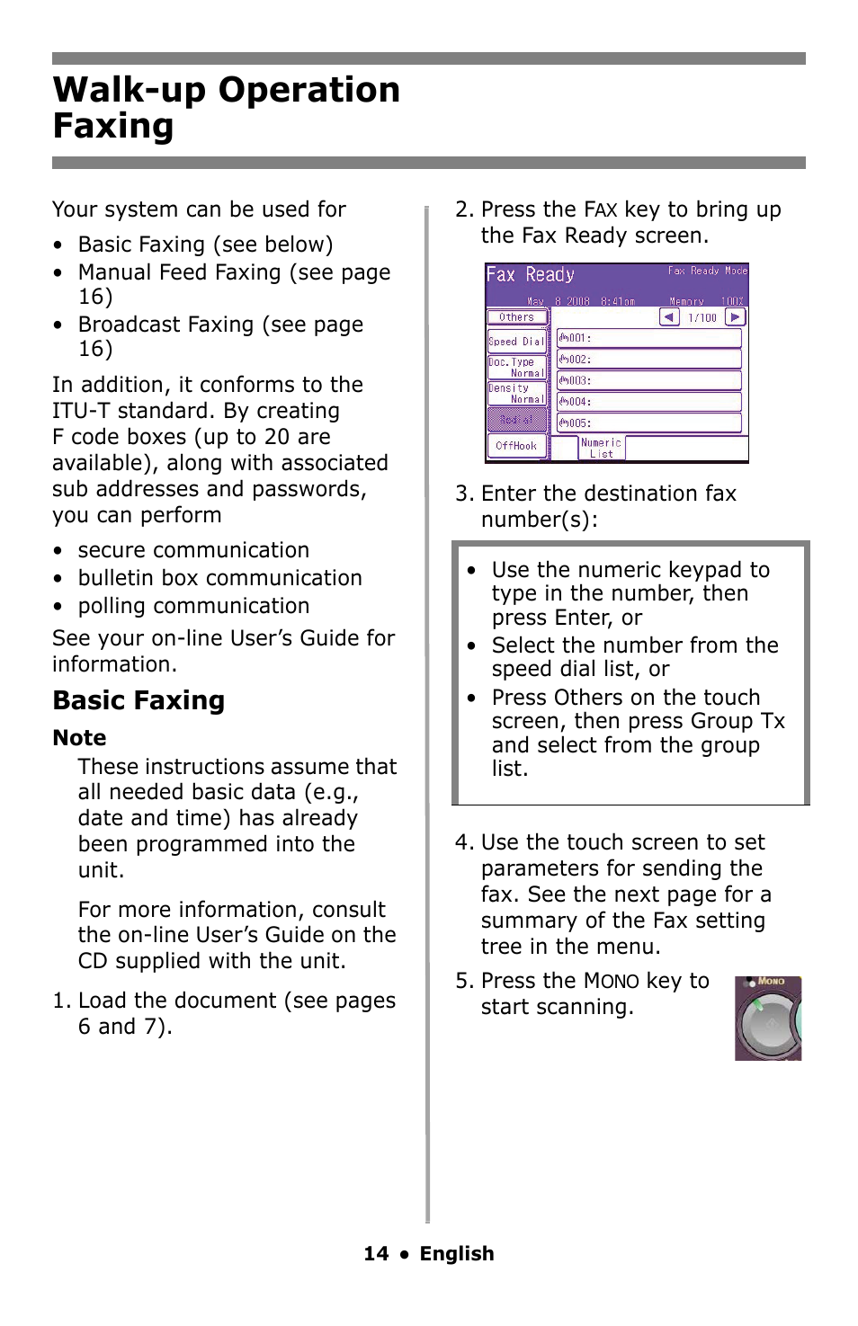Faxing, Walk-up operation faxing, Basic faxing | Oki MC860 MFP User Manual | Page 14 / 103