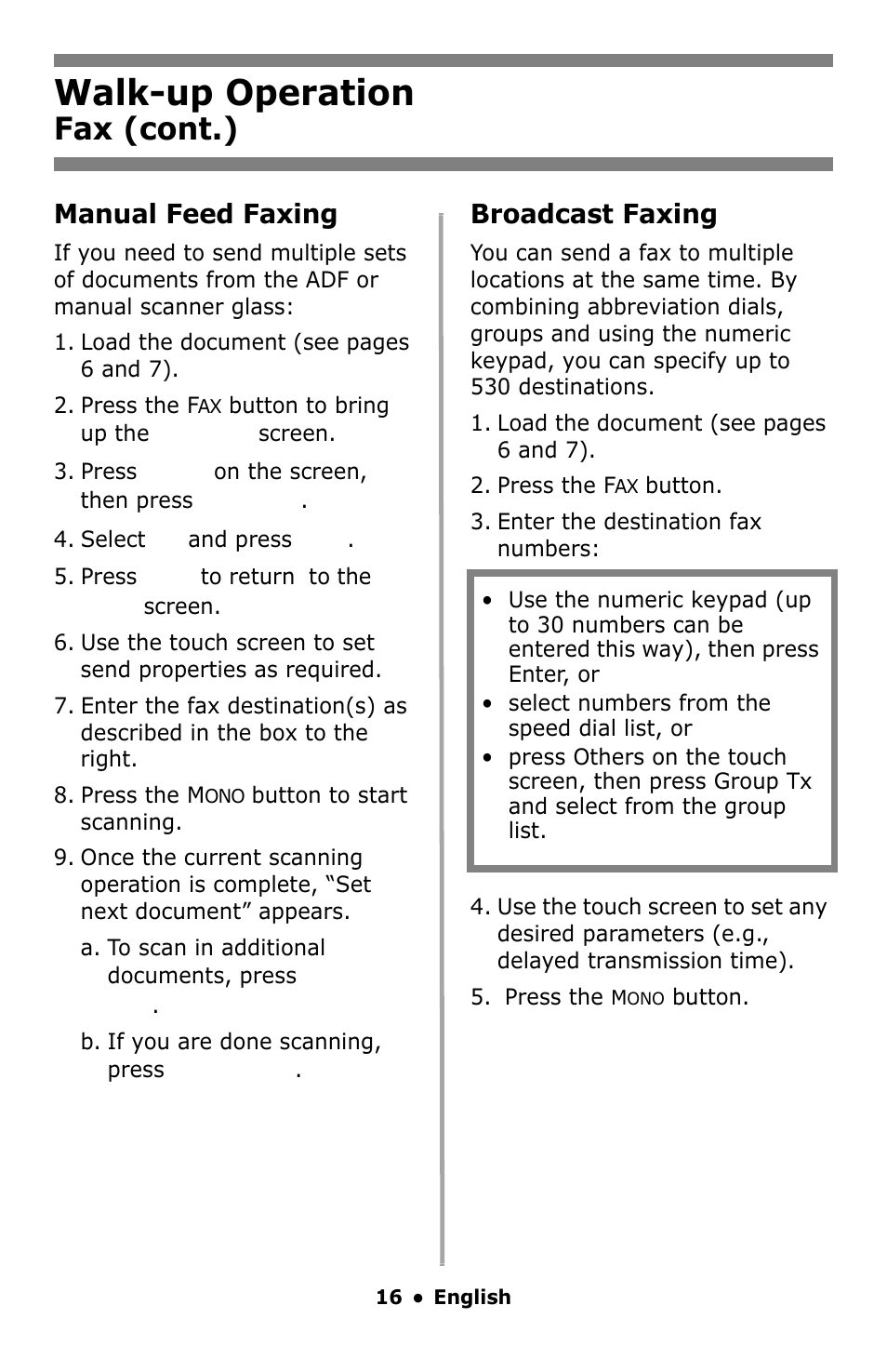 Walk-up operation, Fax (cont.), Manual feed faxing | Broadcast faxing | Oki MC860 MFP User Manual | Page 16 / 103