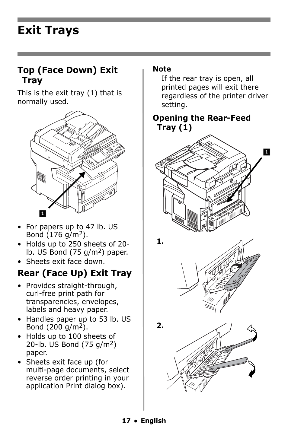 Exit trays, Top (face down) exit tray, Rear (face up) exit tray | Oki MC860 MFP User Manual | Page 17 / 103