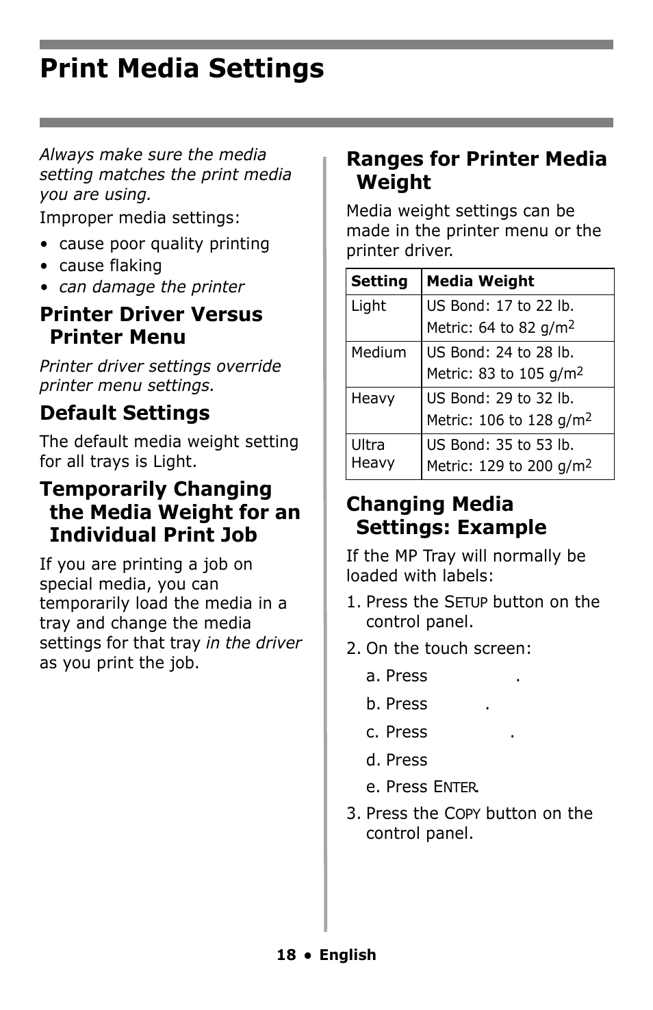 Print media settings, Printer driver versus printer menu, Default settings | Ranges for printer media weight, Changing media settings: example | Oki MC860 MFP User Manual | Page 18 / 103