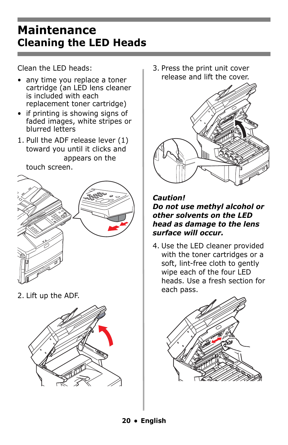 Maintenance, Cleaning the led heads | Oki MC860 MFP User Manual | Page 20 / 103