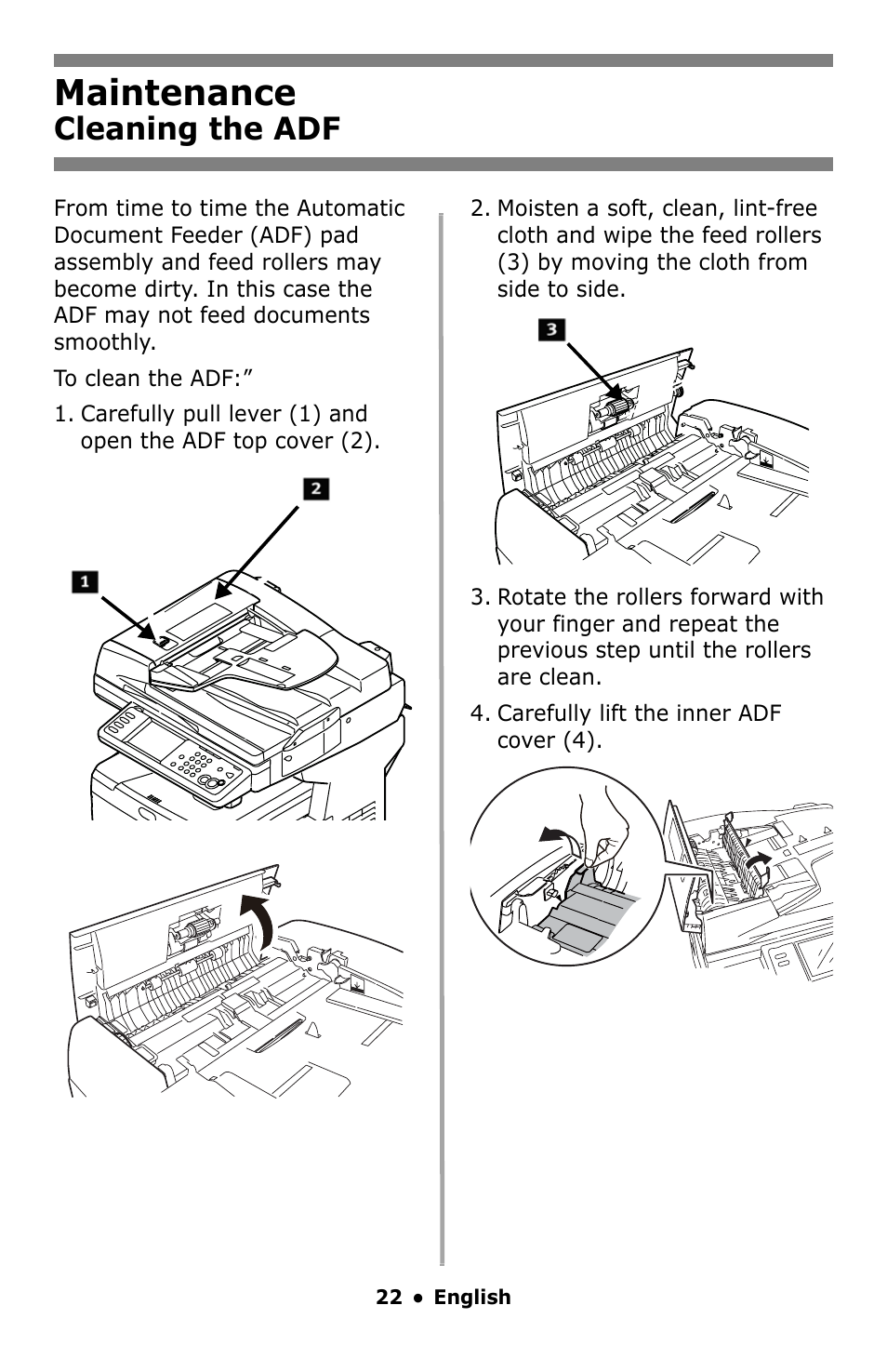 Maintenance, Cleaning the adf | Oki MC860 MFP User Manual | Page 22 / 103
