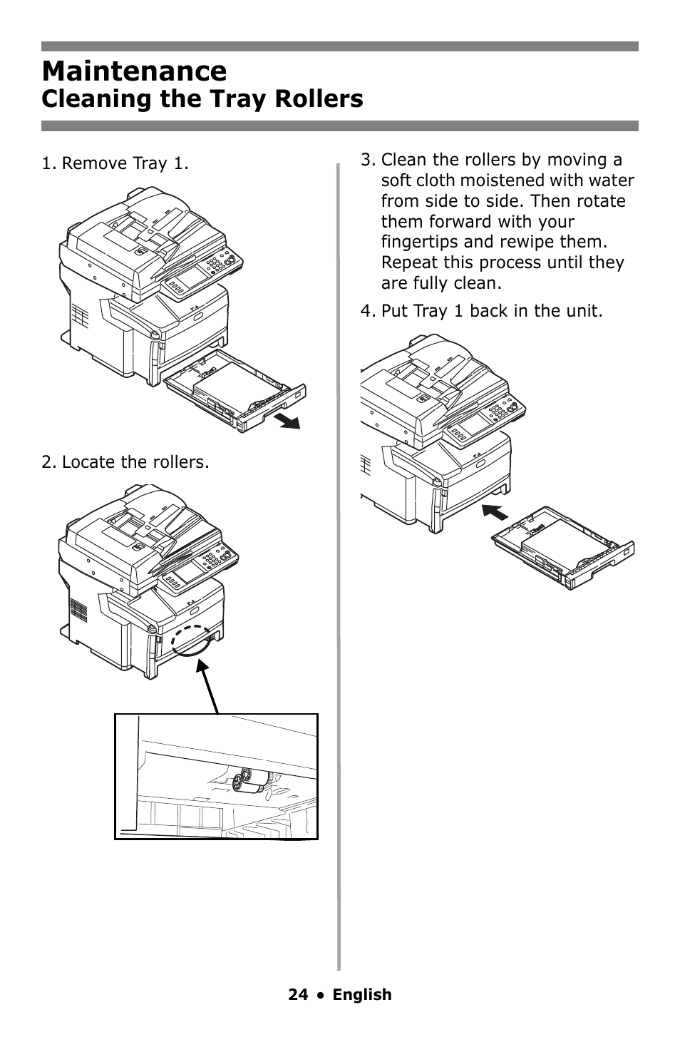 Maintenance, Cleaning the tray rollers | Oki MC860 MFP User Manual | Page 24 / 103