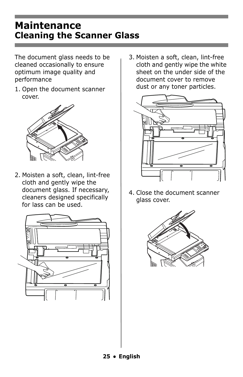Maintenance, Cleaning the scanner glass | Oki MC860 MFP User Manual | Page 25 / 103