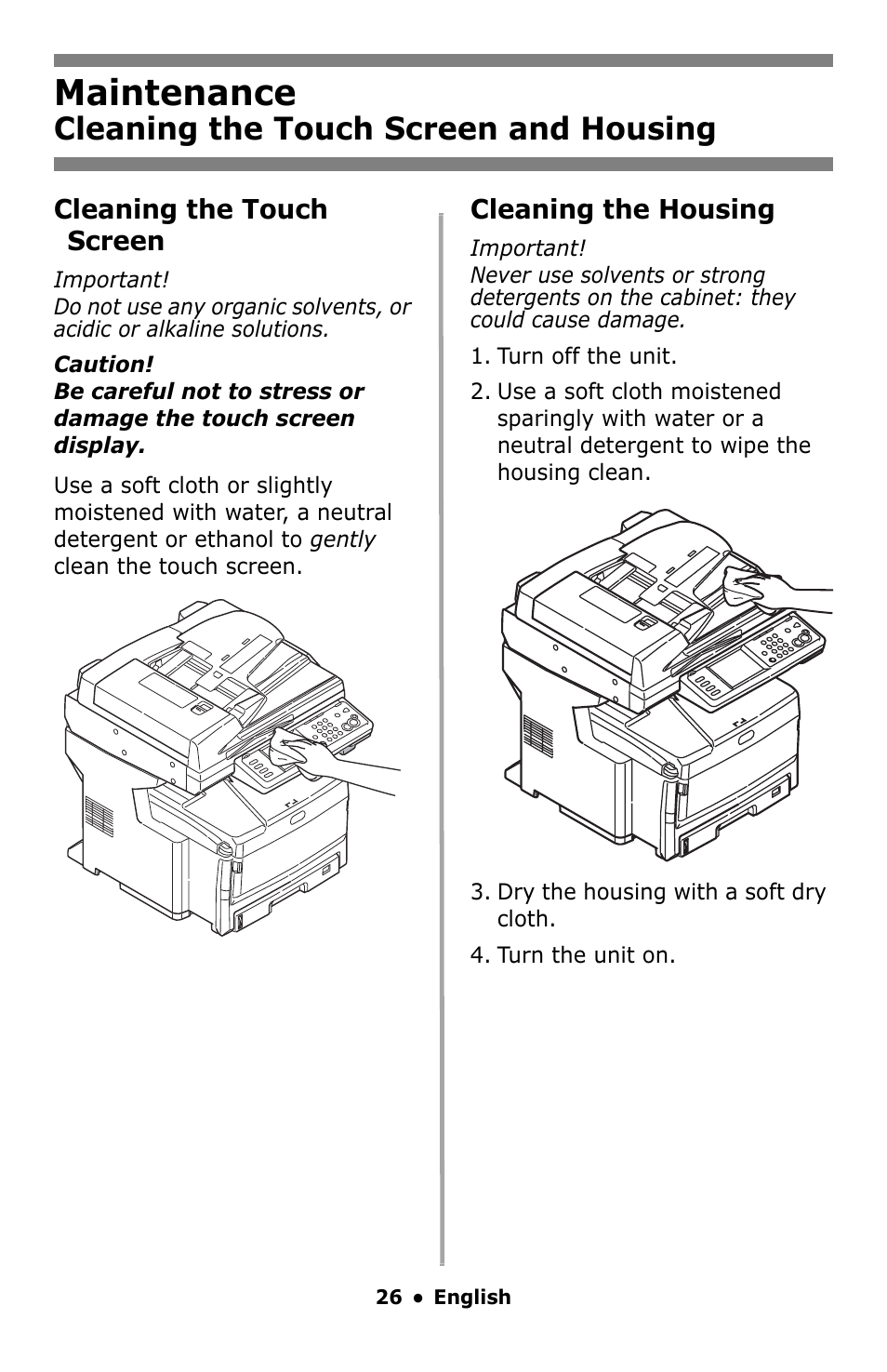 Maintenance, Cleaning the touch screen and housing, Cleaning the touch screen | Cleaning the housing | Oki MC860 MFP User Manual | Page 26 / 103