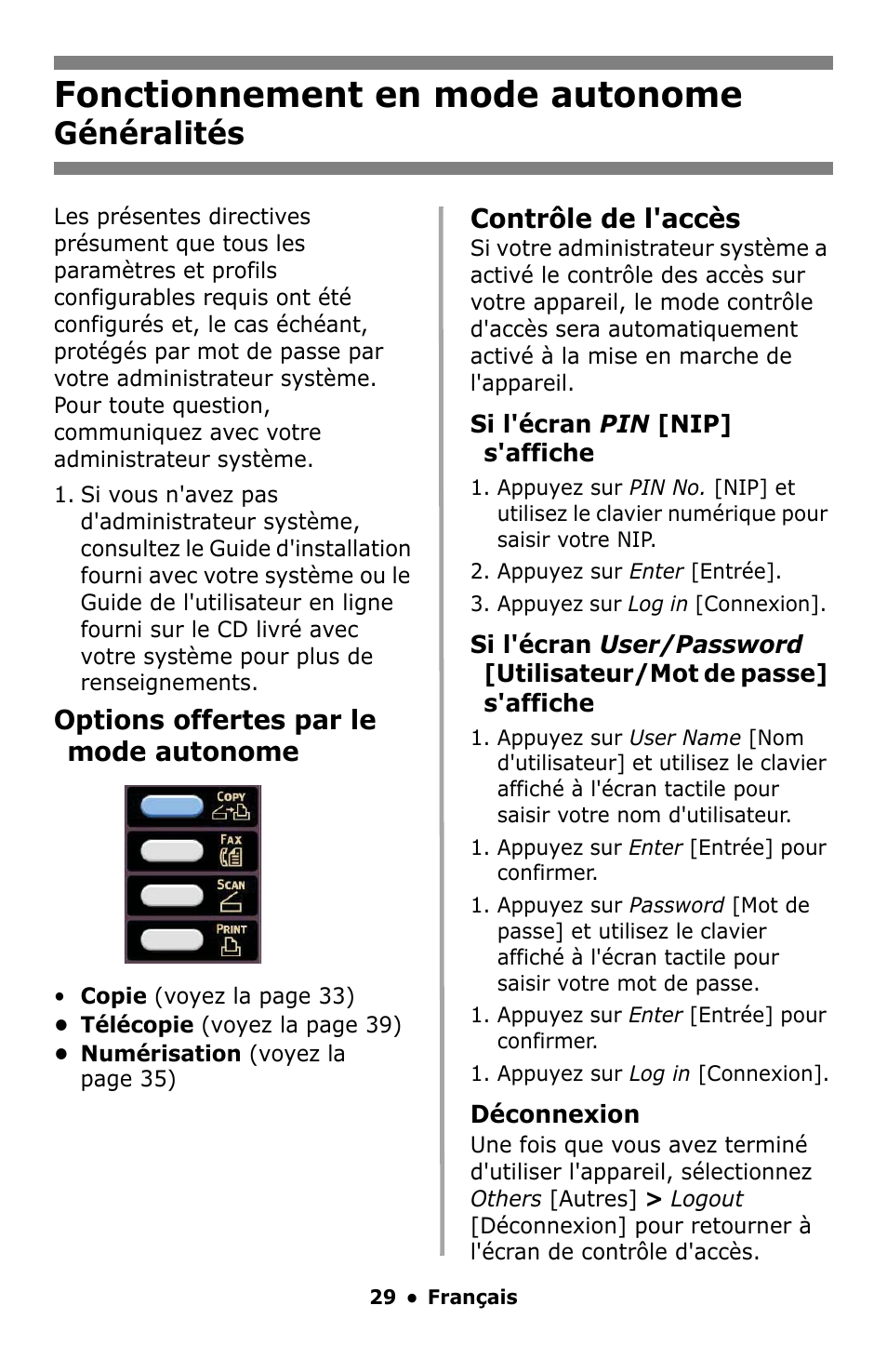 Français, Fonctionnement en mode autonome, Généralités | Fonctionnement en mode, Autonome, Contrôle de l'accès, Options offertes par le mode autonome | Oki MC860 MFP User Manual | Page 29 / 103