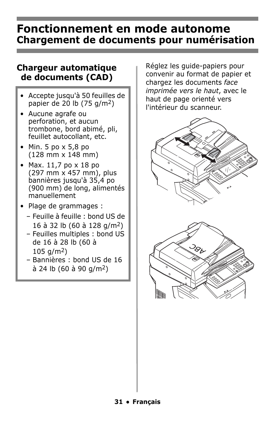Chargement de documents pour numérisation, Chargement de documents pour, Numérisation | Fonctionnement en mode autonome, Chargeur automatique de documents (cad) | Oki MC860 MFP User Manual | Page 31 / 103