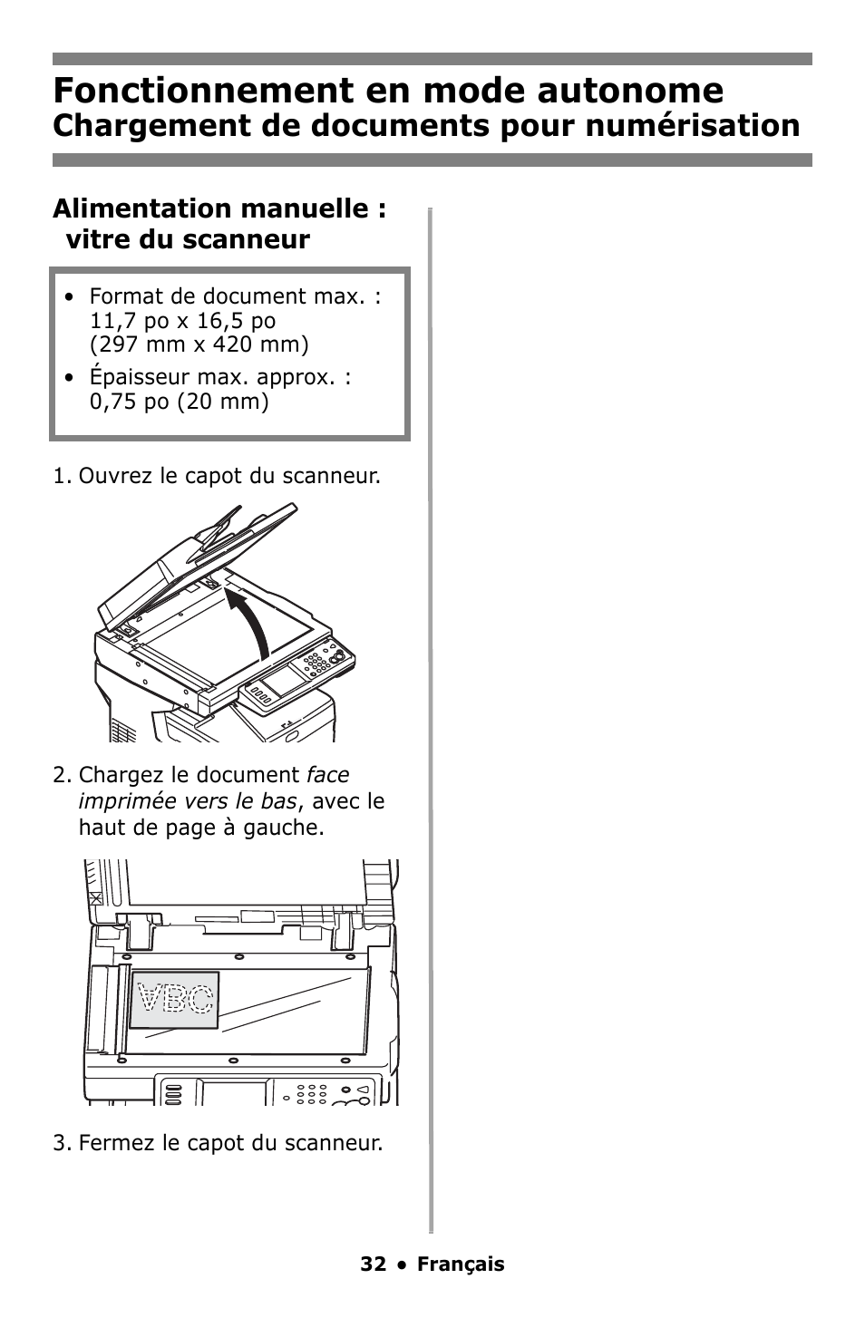 Fonctionnement en mode autonome, Chargement de documents pour numérisation | Oki MC860 MFP User Manual | Page 32 / 103