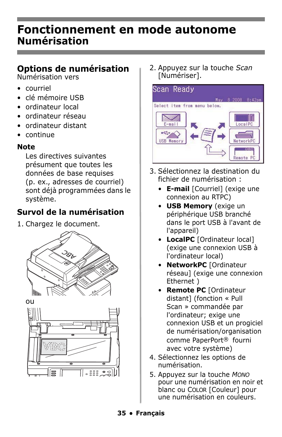 Numérisation, Voyez la, Fonctionnement en mode autonome | Options de numérisation | Oki MC860 MFP User Manual | Page 35 / 103