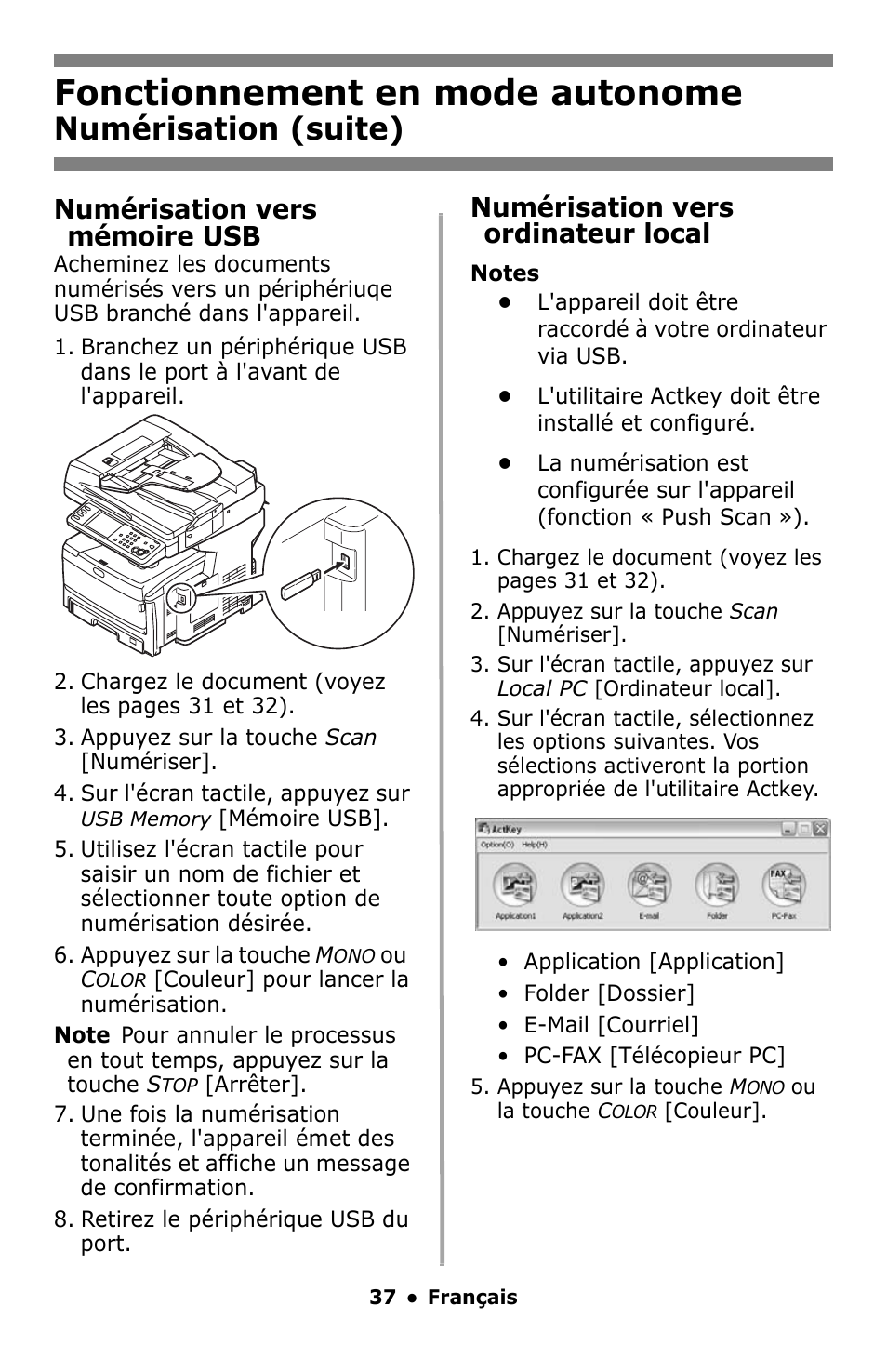 Fonctionnement en mode autonome, Numérisation (suite), Numérisation vers mémoire usb | Numérisation vers ordinateur local | Oki MC860 MFP User Manual | Page 37 / 103