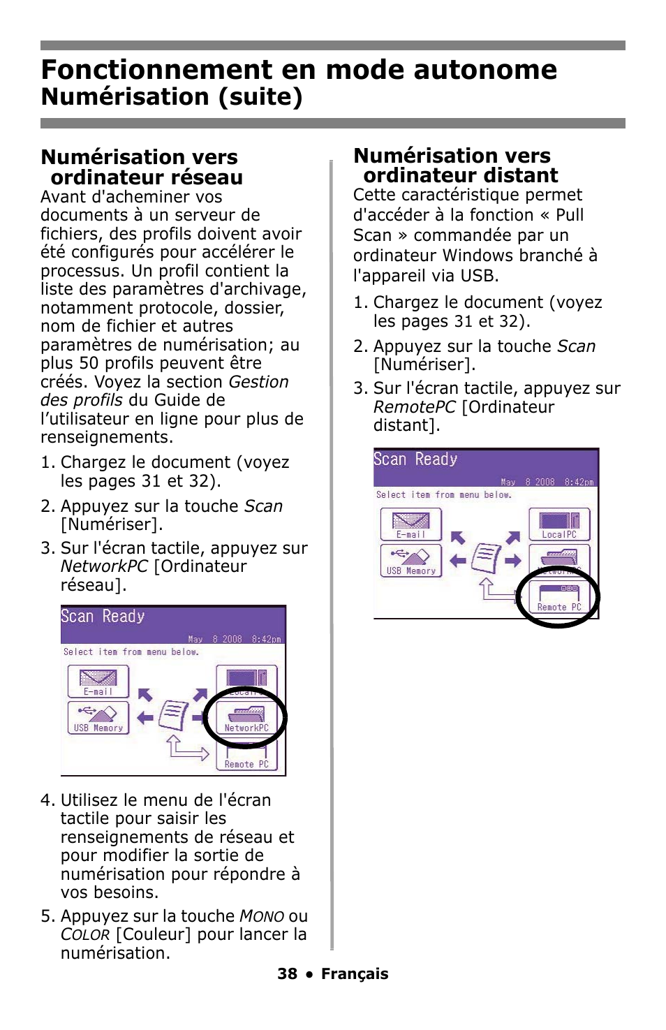 Fonctionnement en mode autonome, Numérisation (suite), Numérisation vers ordinateur réseau | Numérisation vers ordinateur distant | Oki MC860 MFP User Manual | Page 38 / 103