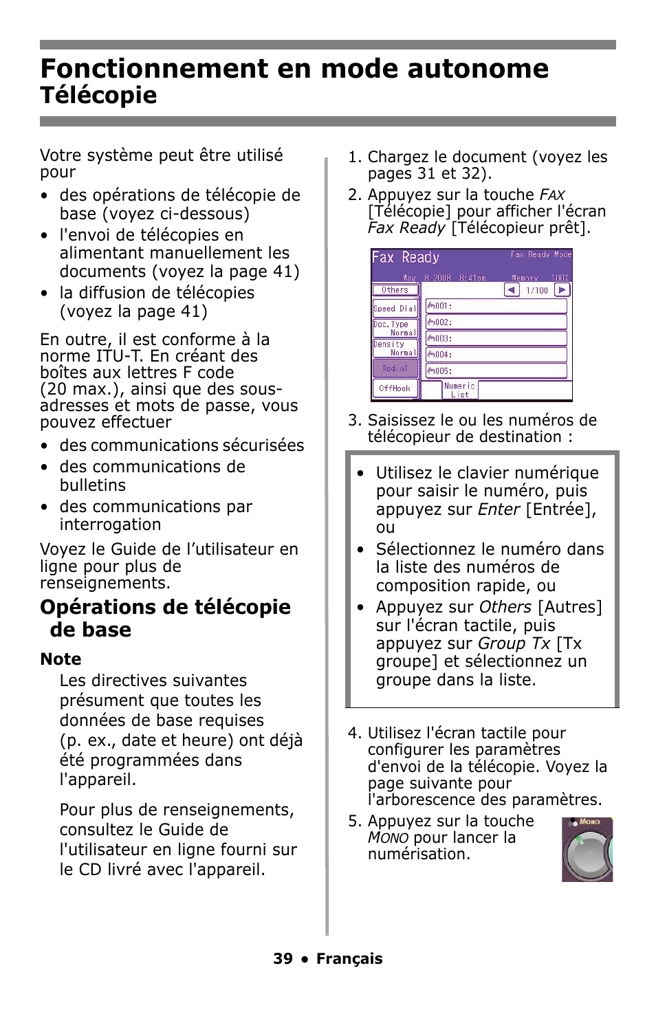 Télécopie, Fonctionnement en mode autonome, Opérations de télécopie de base | Oki MC860 MFP User Manual | Page 39 / 103