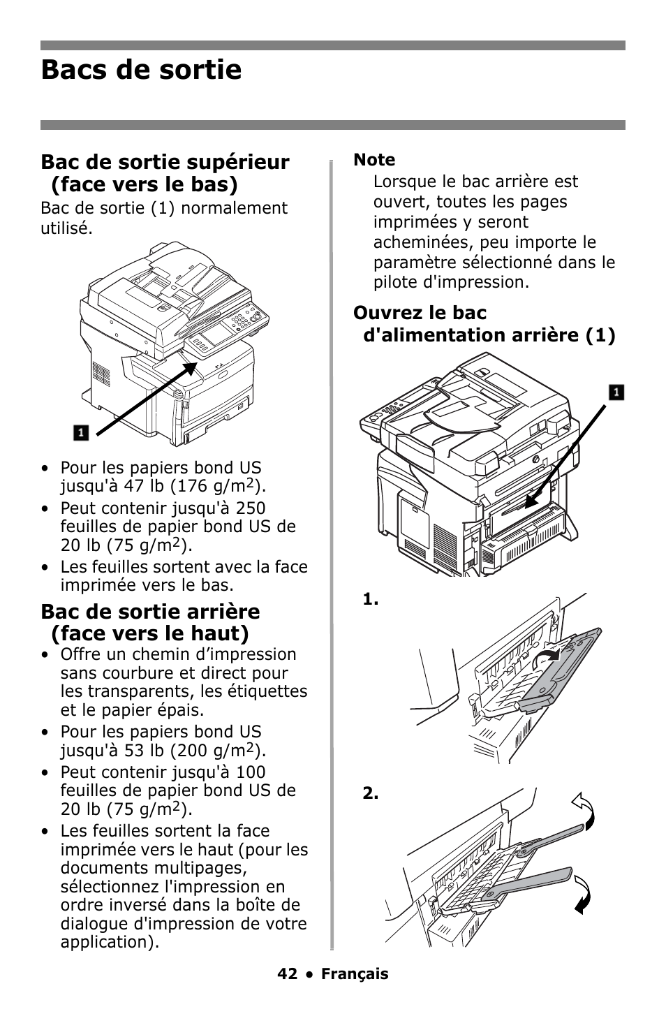 Bacs de sortie, Bac de sortie supérieur (face vers le bas), Bac de sortie arrière (face vers le haut) | Oki MC860 MFP User Manual | Page 42 / 103