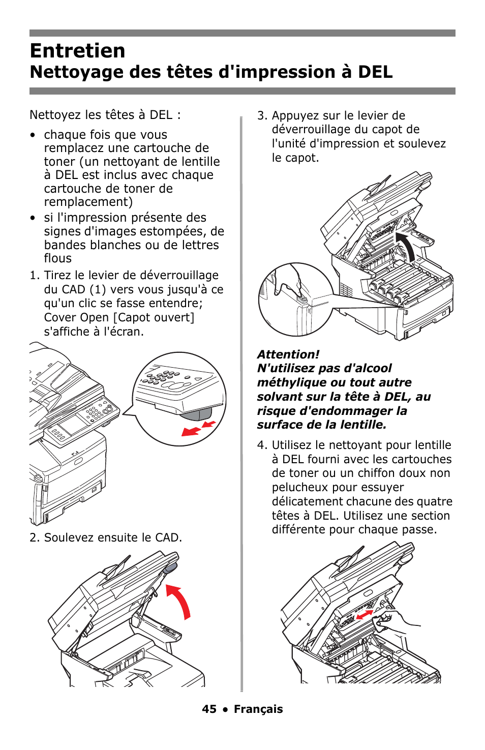 Entretien, Nettoyage des têtes d'impression à del | Oki MC860 MFP User Manual | Page 45 / 103