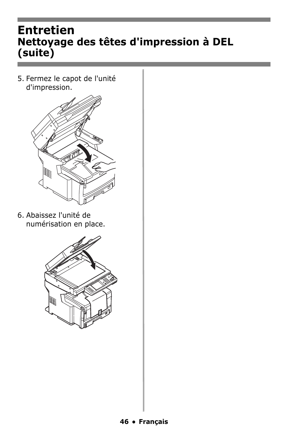 Entretien, Nettoyage des têtes d'impression à del (suite) | Oki MC860 MFP User Manual | Page 46 / 103