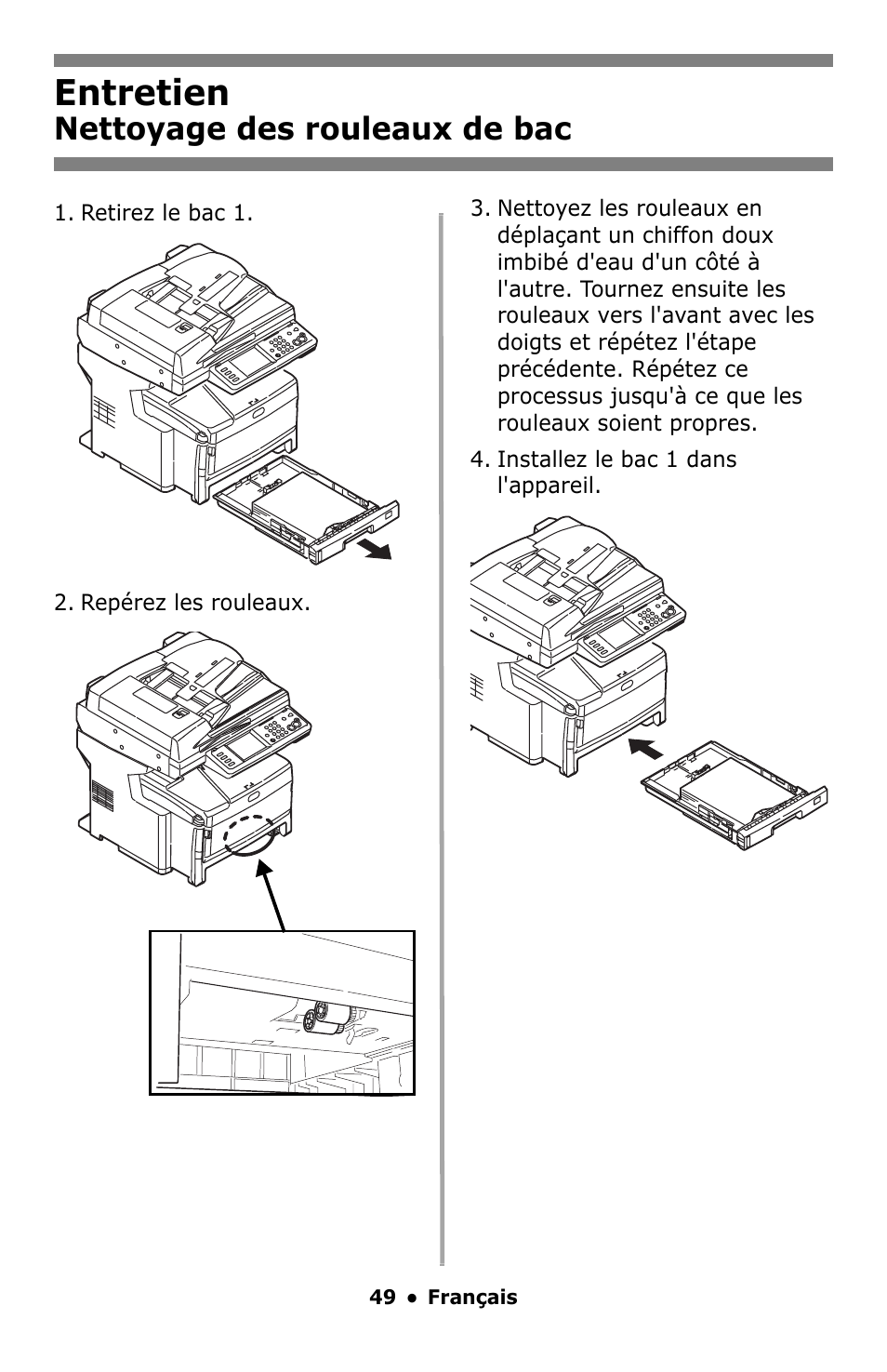 Entretien, Nettoyage des rouleaux de bac | Oki MC860 MFP User Manual | Page 49 / 103