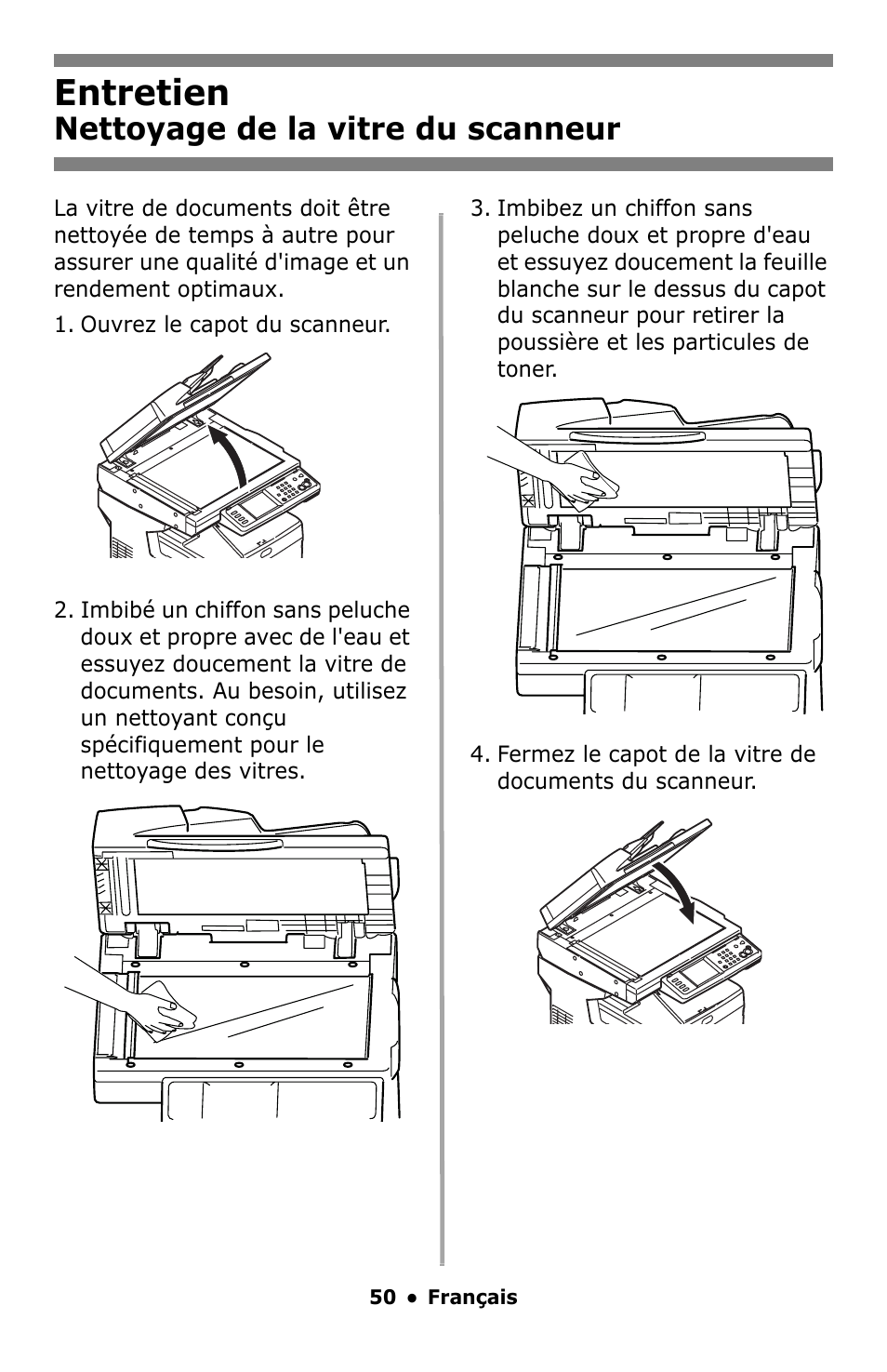 Entretien, Nettoyage de la vitre du scanneur | Oki MC860 MFP User Manual | Page 50 / 103