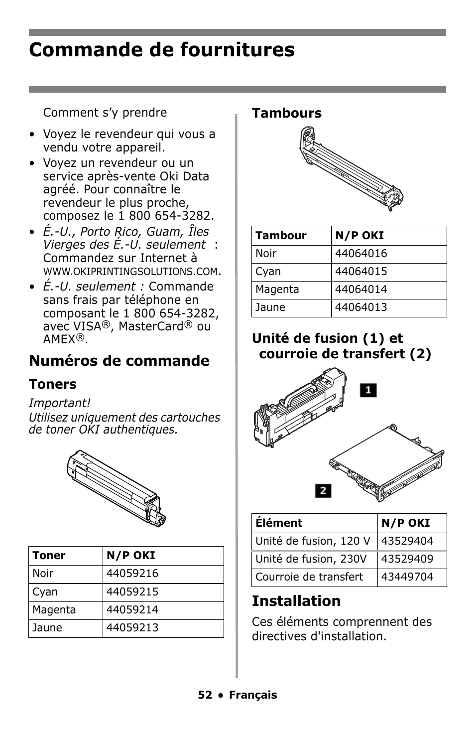 Commande de fournitures, Numéros de commande, Installation | Toners | Oki MC860 MFP User Manual | Page 52 / 103