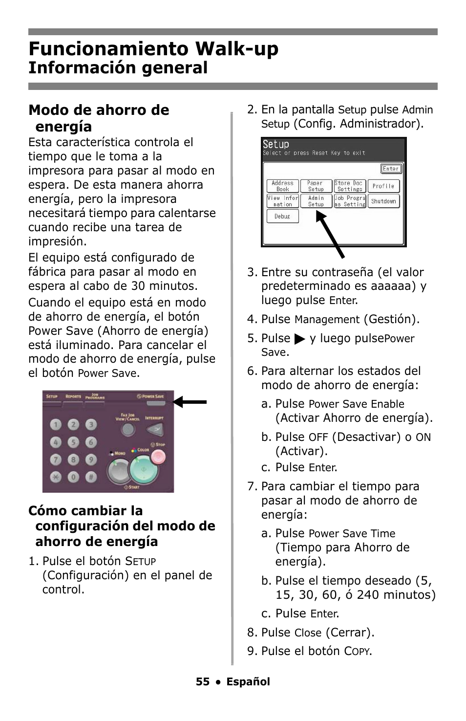 Modo de ahorro de energía, Funcionamiento walk-up, Información general | Oki MC860 MFP User Manual | Page 55 / 103