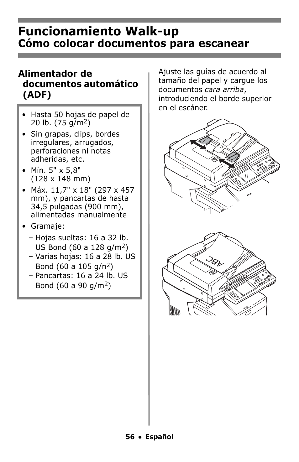 Cómo colocar documentos para escanear, Cómo colocar documentos para, Escanear | Funcionamiento walk-up, Alimentador de documentos automático (adf) | Oki MC860 MFP User Manual | Page 56 / 103