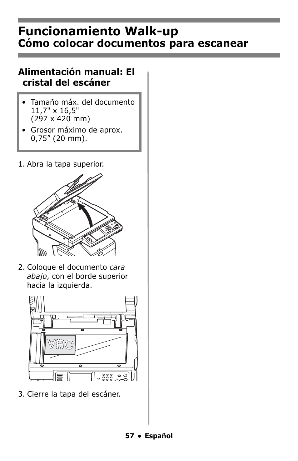 Funcionamiento walk-up, Cómo colocar documentos para escanear | Oki MC860 MFP User Manual | Page 57 / 103