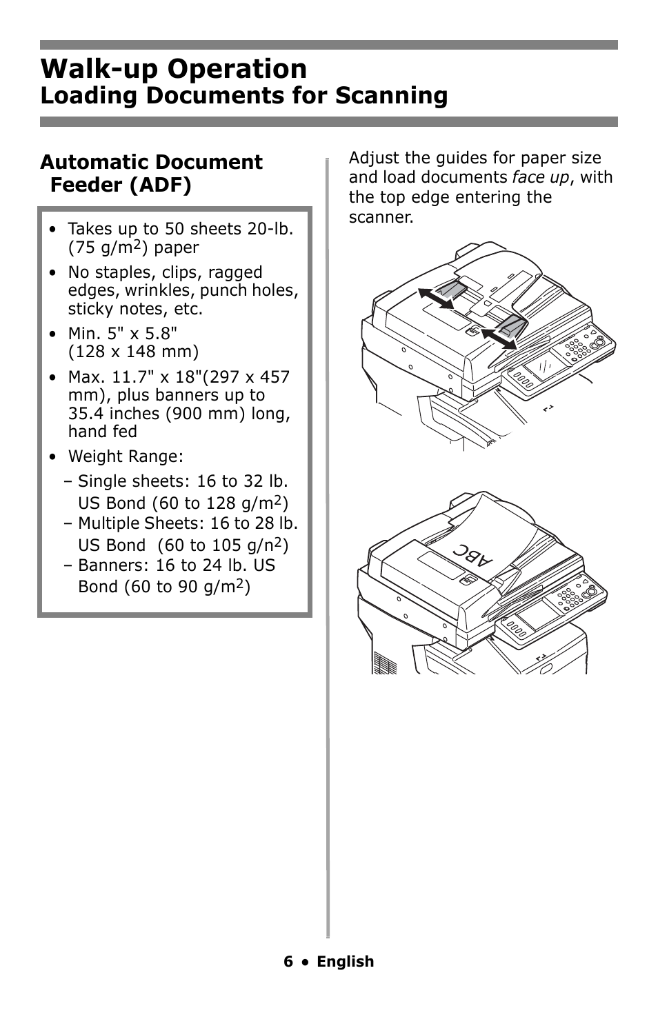 Loading documents for scanning, Loading documents for scanning .6, Walk-up operation | Automatic document feeder (adf) | Oki MC860 MFP User Manual | Page 6 / 103