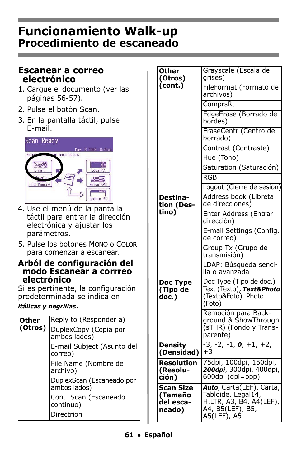 Funcionamiento walk-up, Procedimiento de escaneado, Escanear a correo electrónico | Oki MC860 MFP User Manual | Page 61 / 103