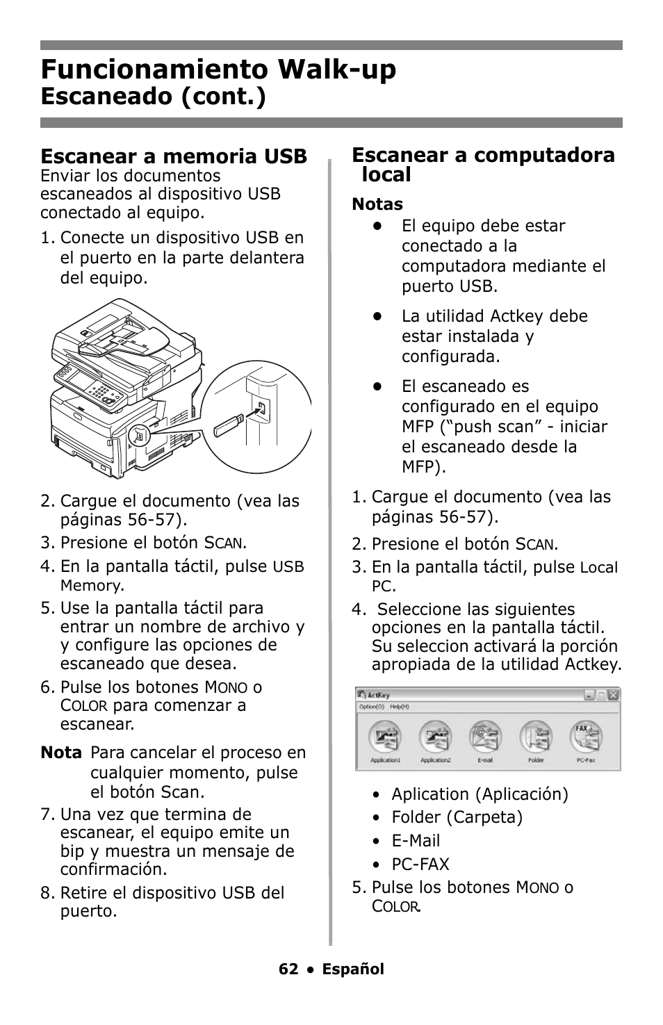 Funcionamiento walk-up, Escaneado (cont.), Escanear a computadora local | Oki MC860 MFP User Manual | Page 62 / 103