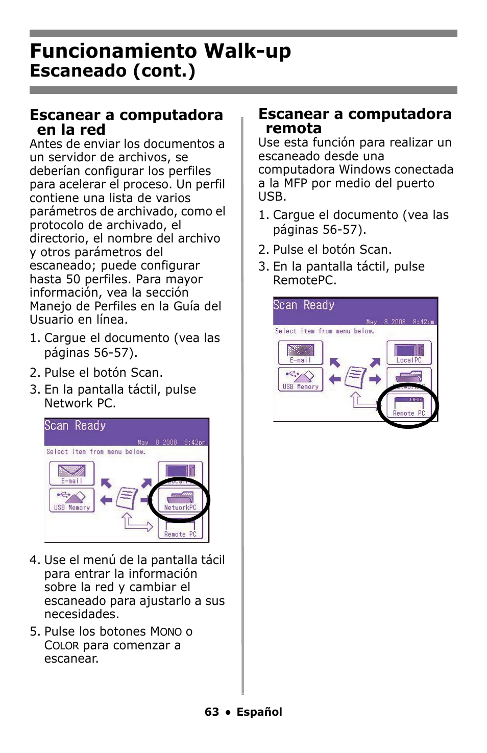 Funcionamiento walk-up, Escaneado (cont.), Escanear a computadora en la red | Escanear a computadora remota | Oki MC860 MFP User Manual | Page 63 / 103