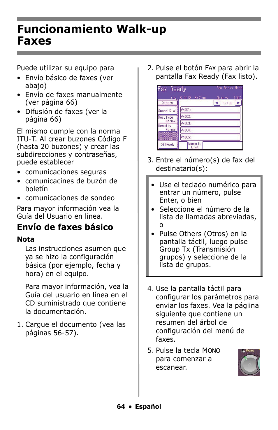 Faxes, Funcionamiento walk-up faxes, Envío de faxes básico | Oki MC860 MFP User Manual | Page 64 / 103