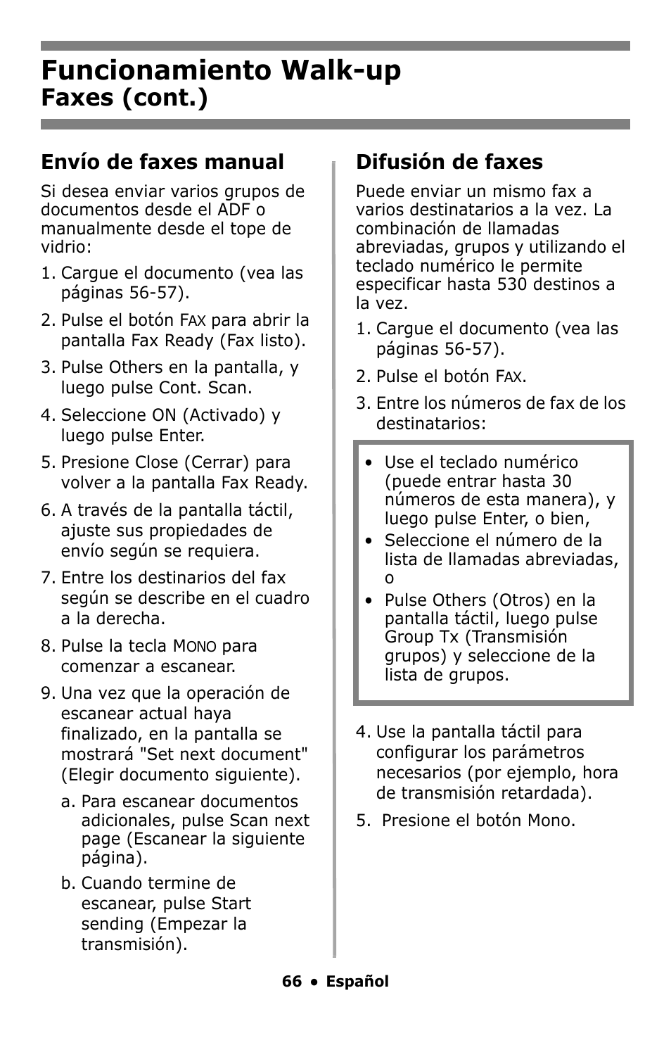 Na 66), Funcionamiento walk-up, Faxes (cont.) | Envío de faxes manual, Difusión de faxes | Oki MC860 MFP User Manual | Page 66 / 103