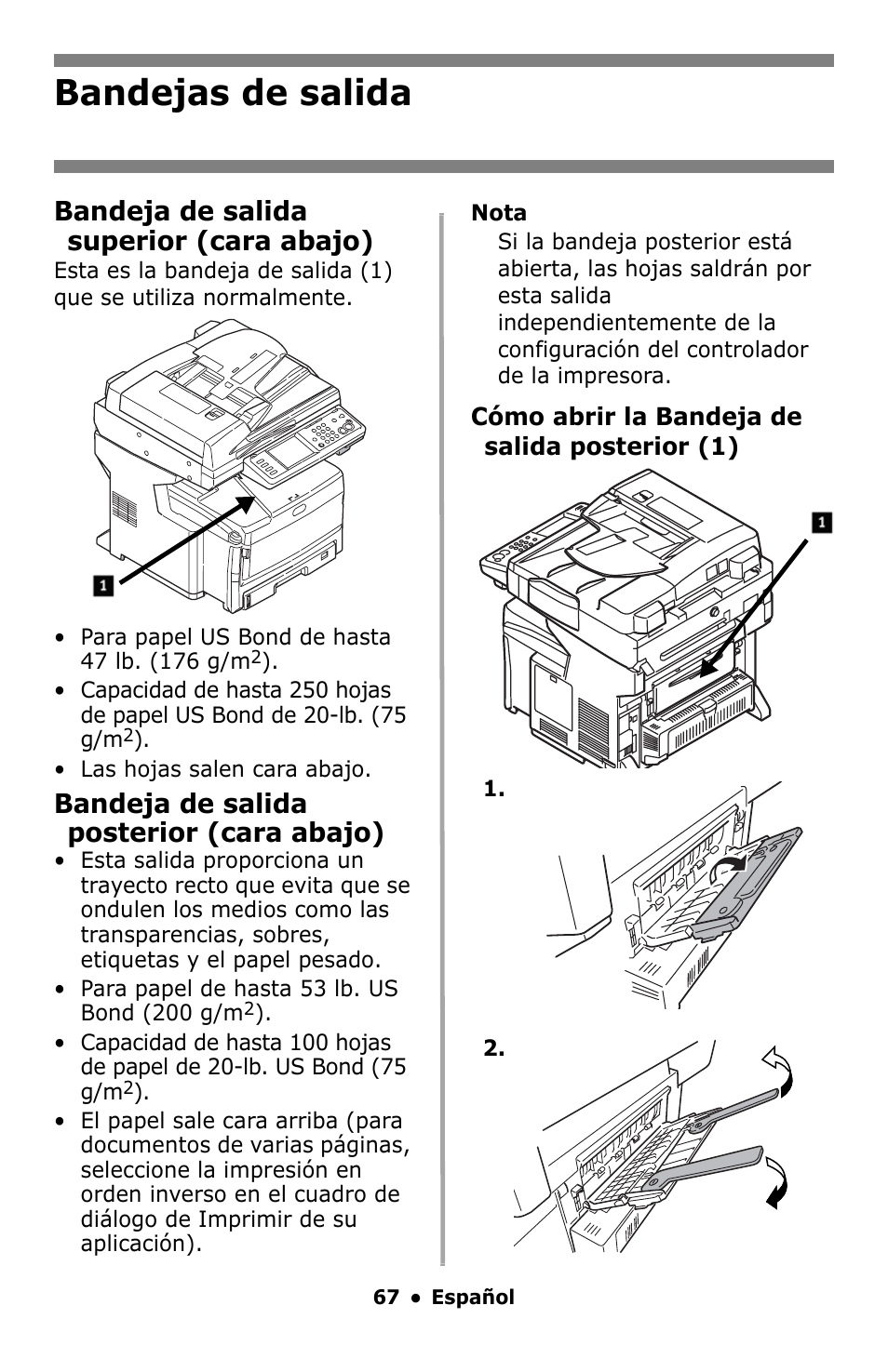 Bandejas de salida, Bandeja de salida superior (cara abajo), Bandeja de salida posterior (cara abajo) | Oki MC860 MFP User Manual | Page 67 / 103