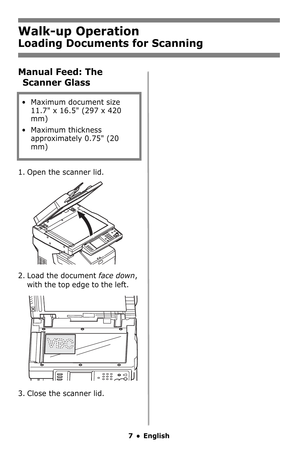 Walk-up operation, Loading documents for scanning | Oki MC860 MFP User Manual | Page 7 / 103