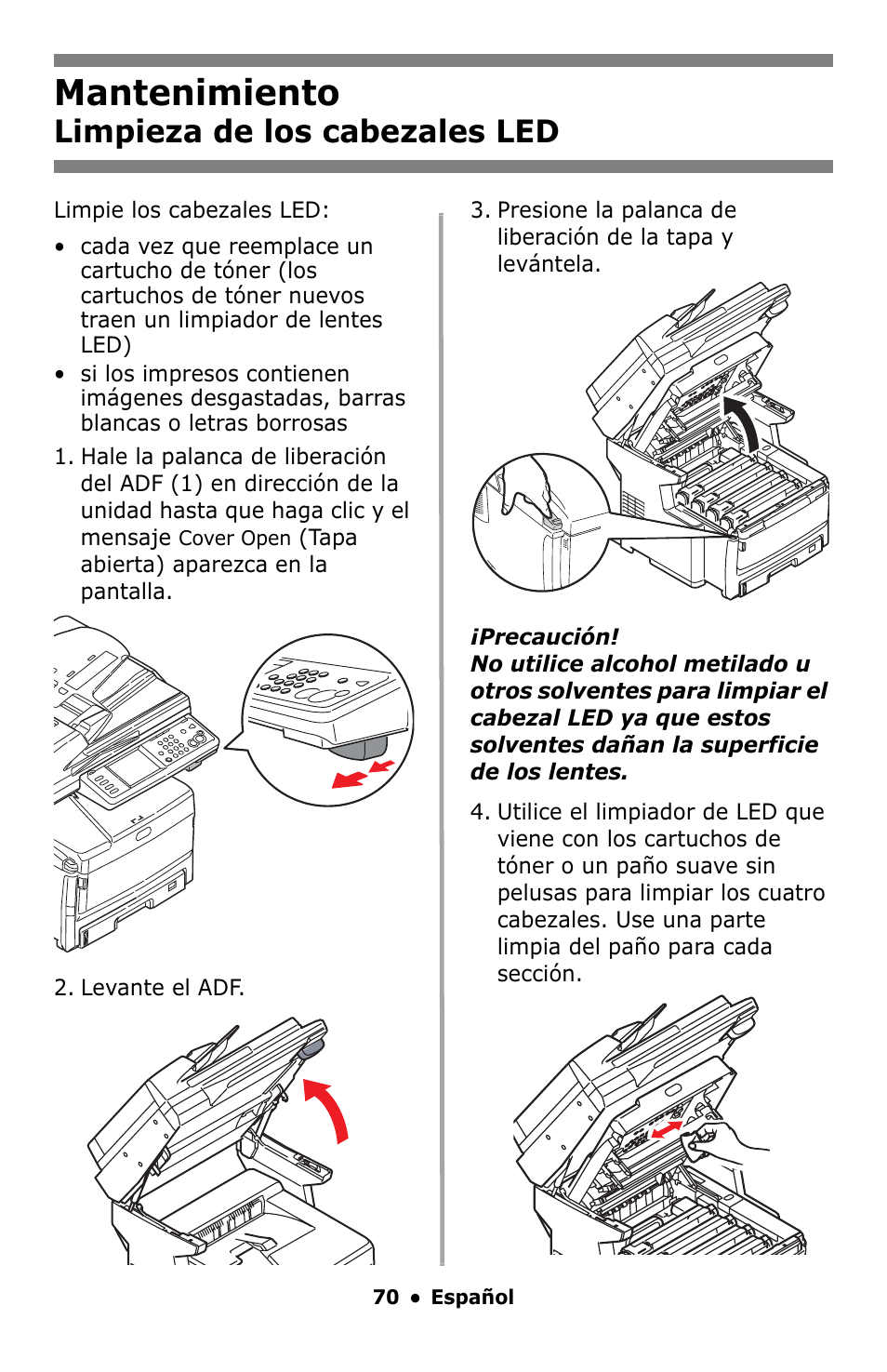 Mantenimiento, Limpieza de los cabezales led | Oki MC860 MFP User Manual | Page 70 / 103