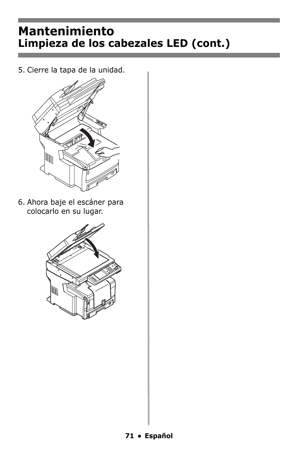 Mantenimiento, Limpieza de los cabezales led (cont.) | Oki MC860 MFP User Manual | Page 71 / 103