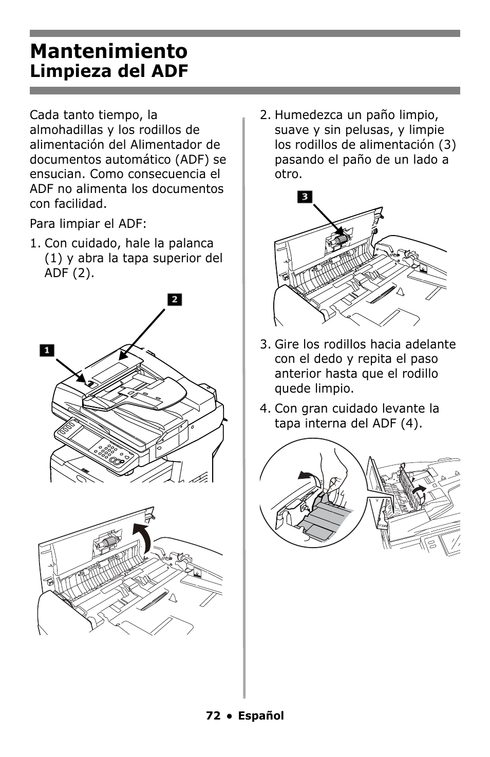 Mantenimiento, Limpieza del adf | Oki MC860 MFP User Manual | Page 72 / 103