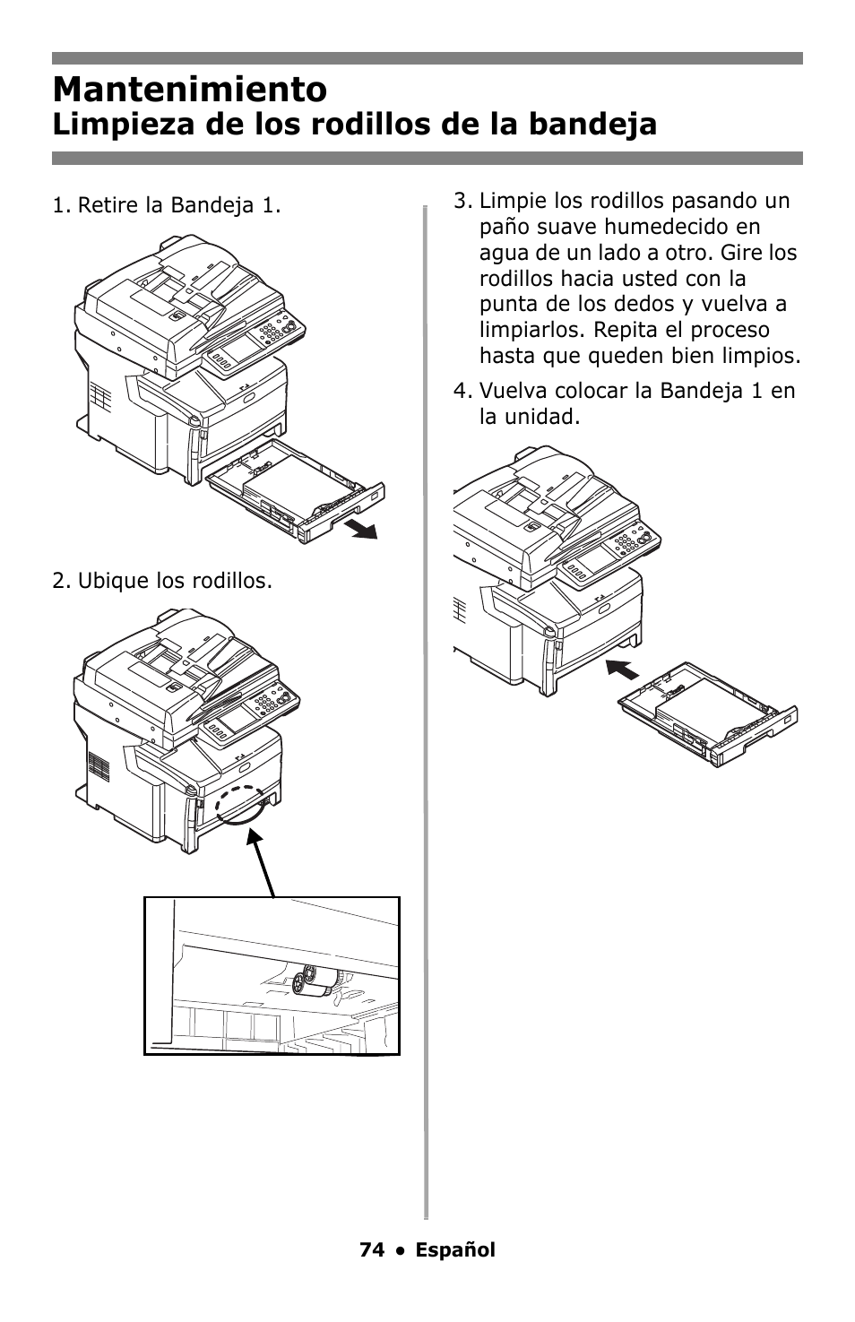 Mantenimiento, Limpieza de los rodillos de la bandeja | Oki MC860 MFP User Manual | Page 74 / 103