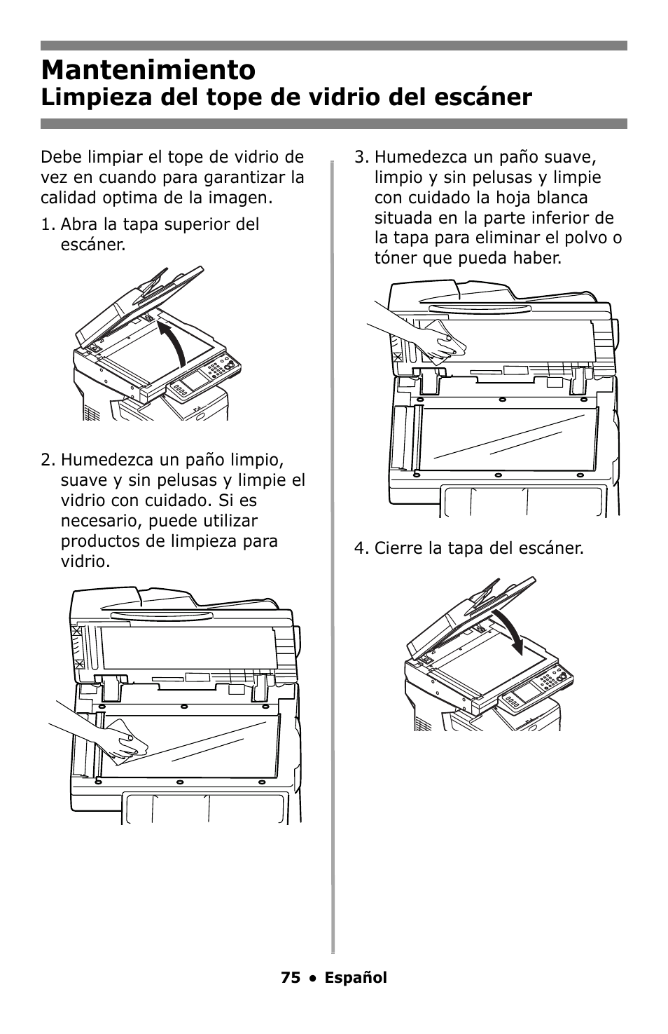 Mantenimiento, Limpieza del tope de vidrio del escáner | Oki MC860 MFP User Manual | Page 75 / 103