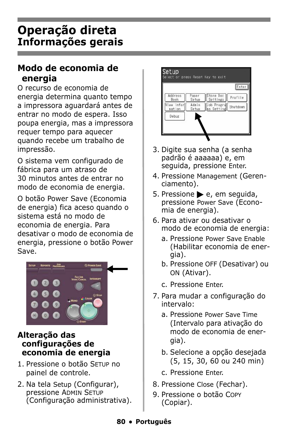 Modo de economia de energia 80, Operação direta, Informações gerais | Modo de economia de energia | Oki MC860 MFP User Manual | Page 80 / 103