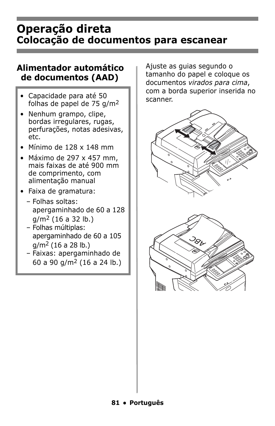 Colocação de documentos para escanear, Colocação de documentos para, Escanear | Operação direta, Alimentador automático de documentos (aad) | Oki MC860 MFP User Manual | Page 81 / 103