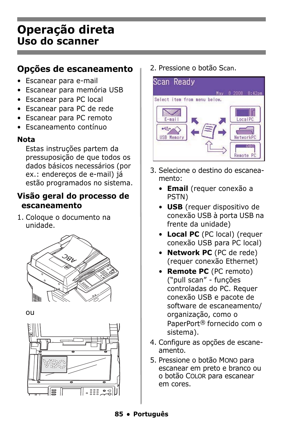 Uso do scanner, Operação direta, Opções de escaneamento | Oki MC860 MFP User Manual | Page 85 / 103