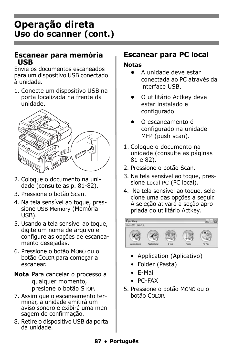 Operação direta, Uso do scanner (cont.), Escanear para memória usb | Escanear para pc local | Oki MC860 MFP User Manual | Page 87 / 103