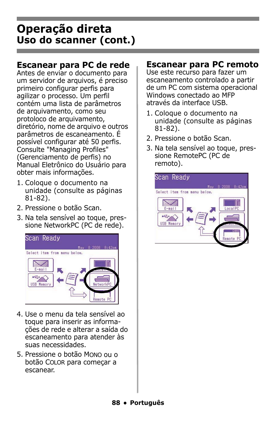 Operação direta, Uso do scanner (cont.), Escanear para pc de rede | Escanear para pc remoto | Oki MC860 MFP User Manual | Page 88 / 103