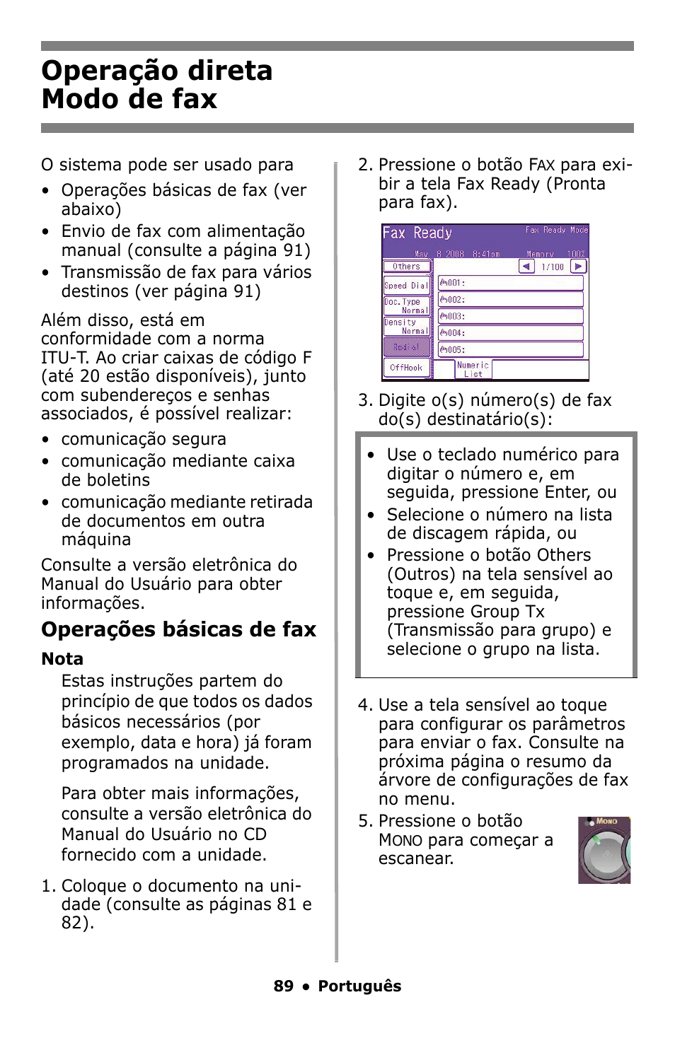 Modo de fax, Operação direta modo de fax, Operações básicas de fax | Oki MC860 MFP User Manual | Page 89 / 103