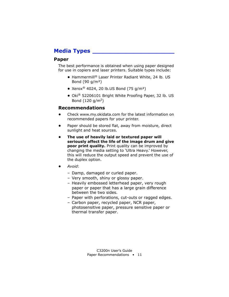 Media types, Paper, Recommendations | Oki C 3200n User Manual | Page 11 / 168