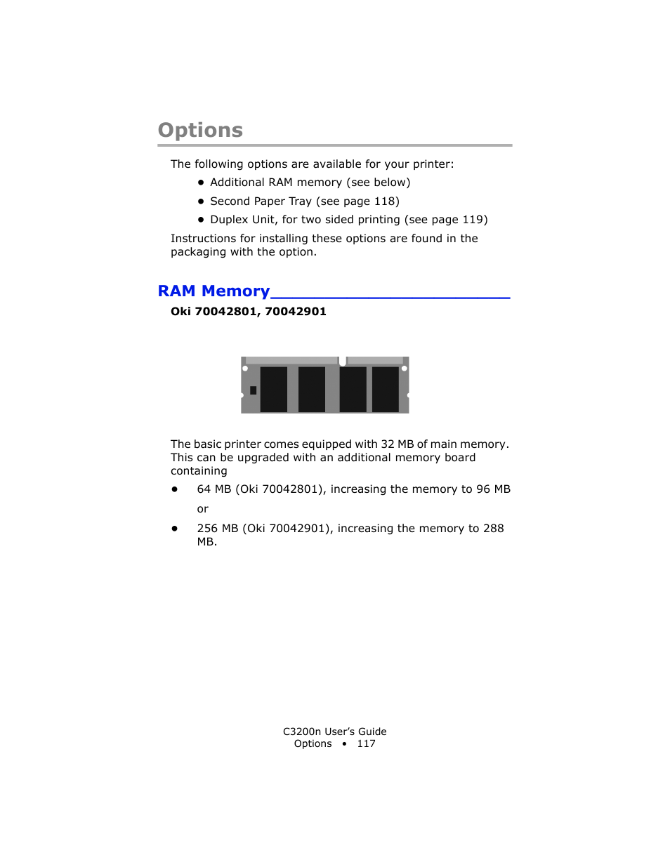 Options, Ram memory | Oki C 3200n User Manual | Page 117 / 168