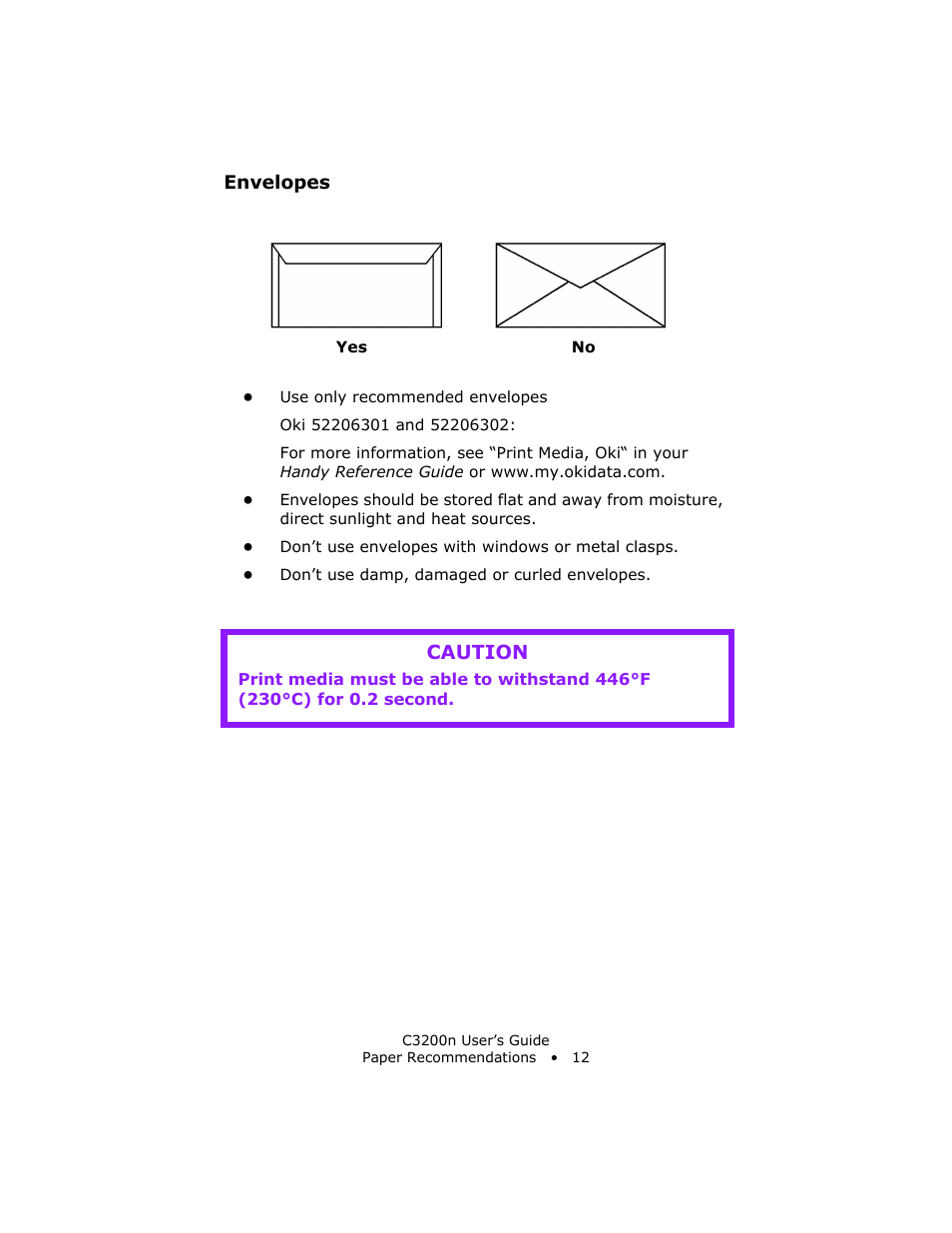 Envelopes, Caution | Oki C 3200n User Manual | Page 12 / 168
