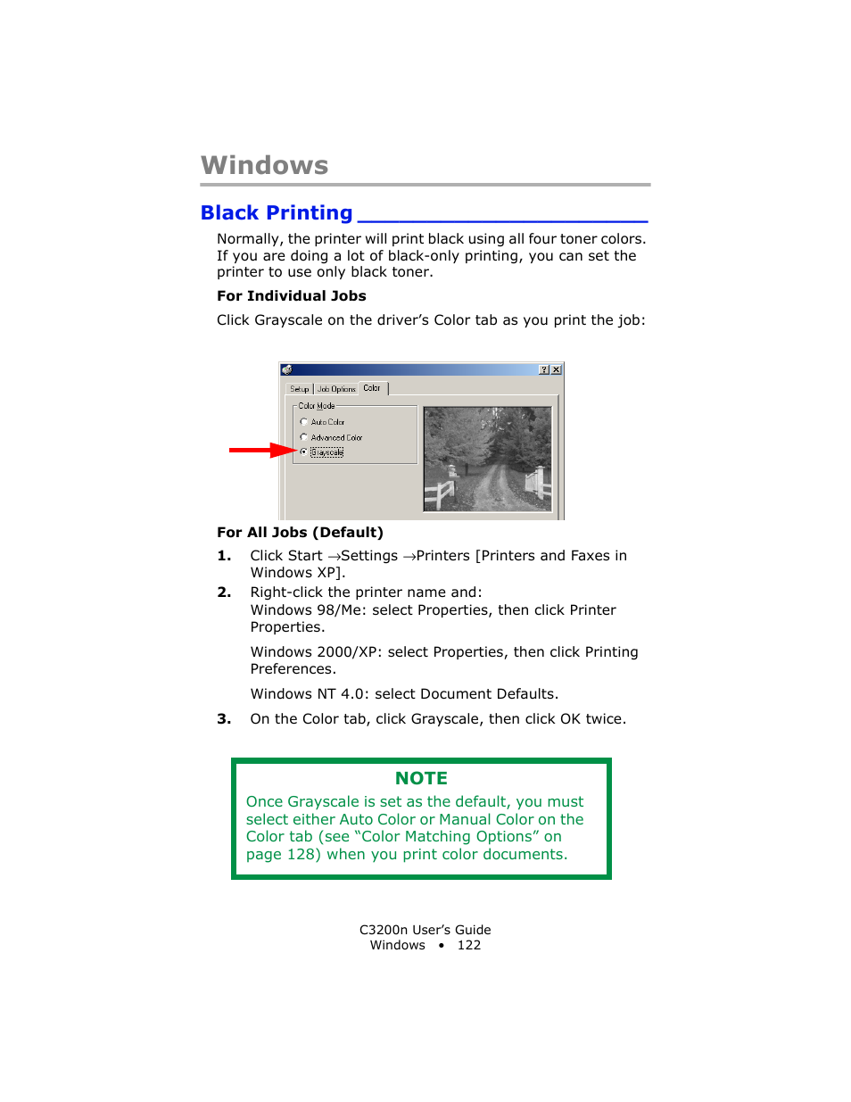 Windows, Black printing | Oki C 3200n User Manual | Page 122 / 168
