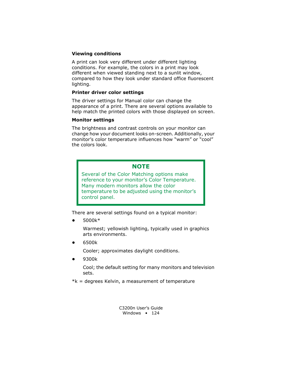 Viewing conditions, Printer driver color settings, Monitor settings | Oki C 3200n User Manual | Page 124 / 168
