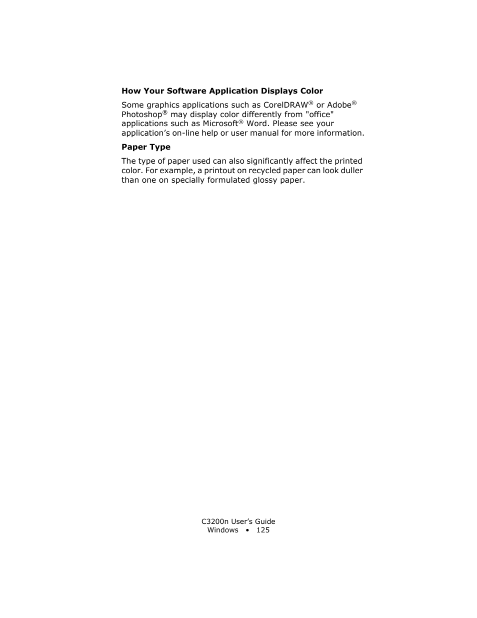 How your software application displays color, Paper type | Oki C 3200n User Manual | Page 125 / 168